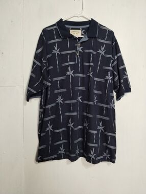 BAMBOO CAY Navy Polo with Light Blue Palm Pattern (XL)